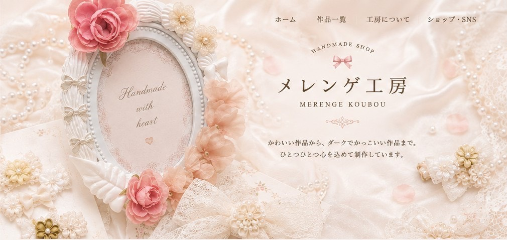 淡いピンクの花、パール、レース、サテンを使ったメレンゲ工房のメインビジュアル